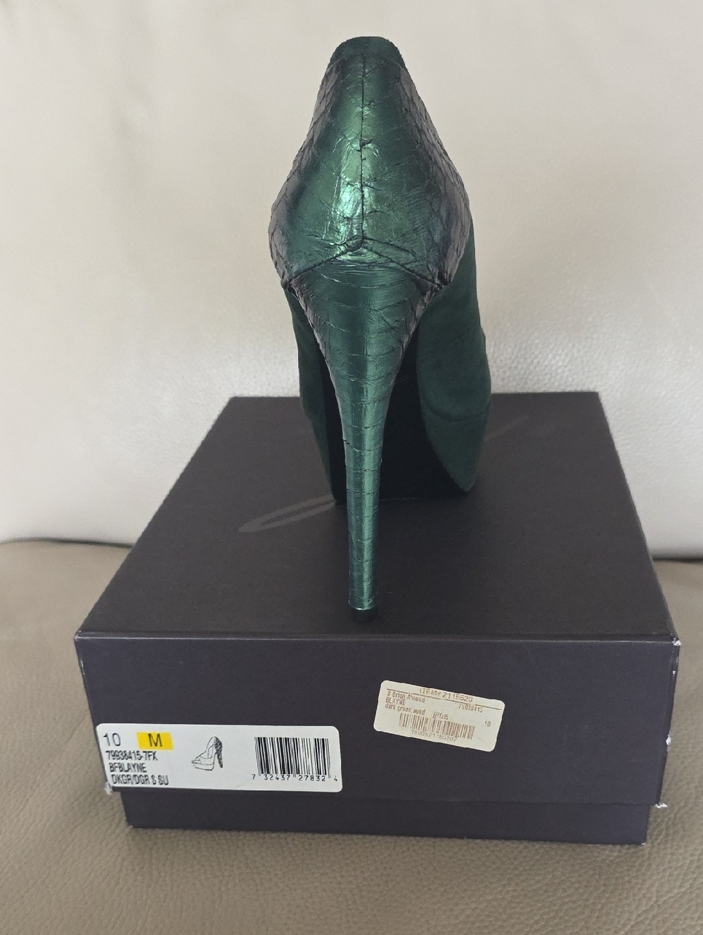 Brian Atwood Forest Green Suede Peep-Toe Platform Pump with Metallic Heel - Picture 2 of 5